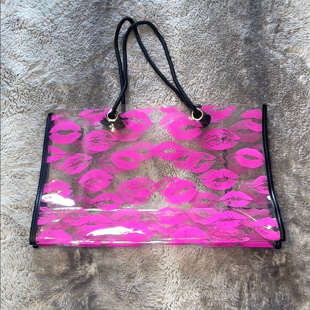 Bloomingdale's Clear Tote with Hot Pink Lip Print and Black Trim